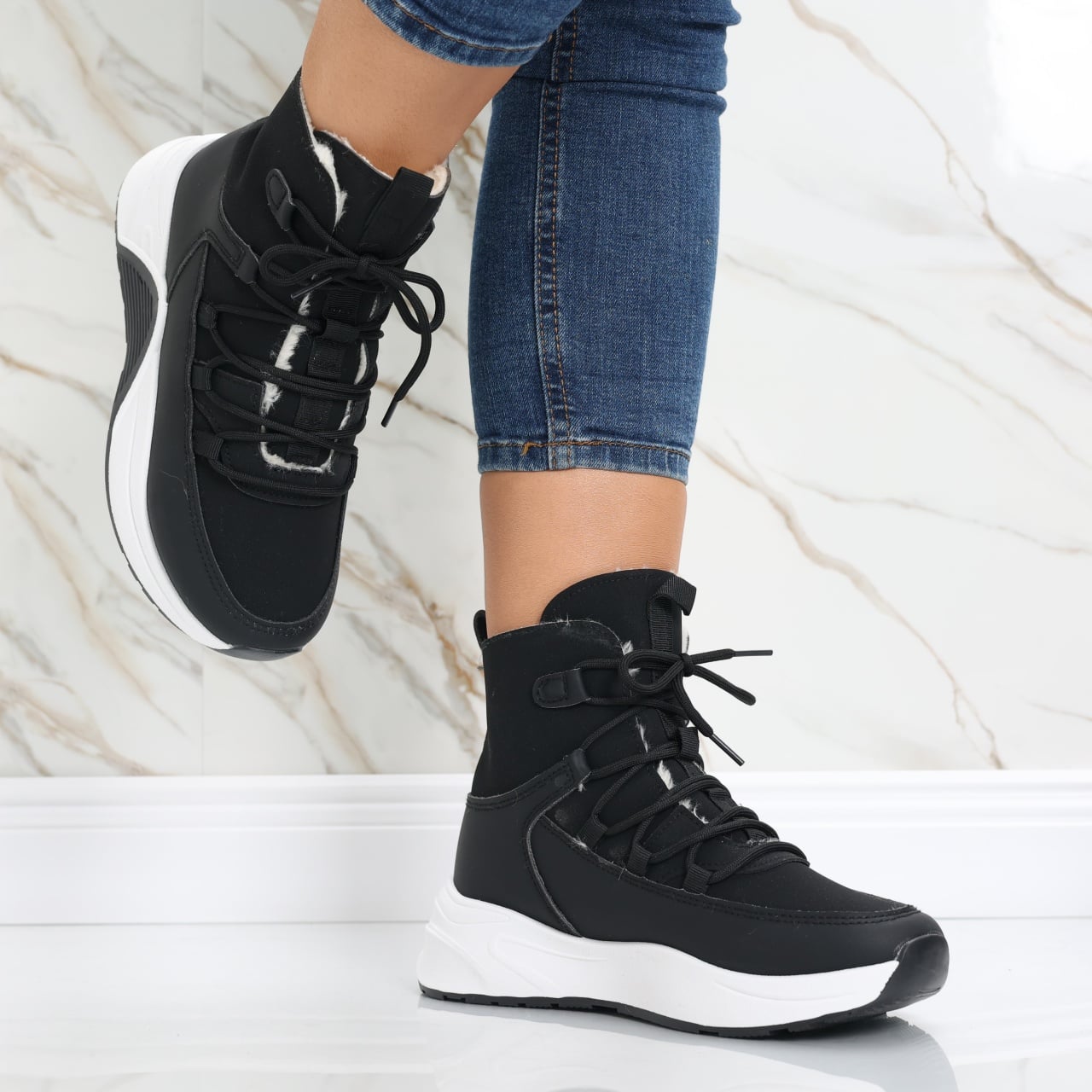 Sneakers dama Imblaniti Negri din Piele Eco,Piele Eco Intoarsa Asiva - poza 4