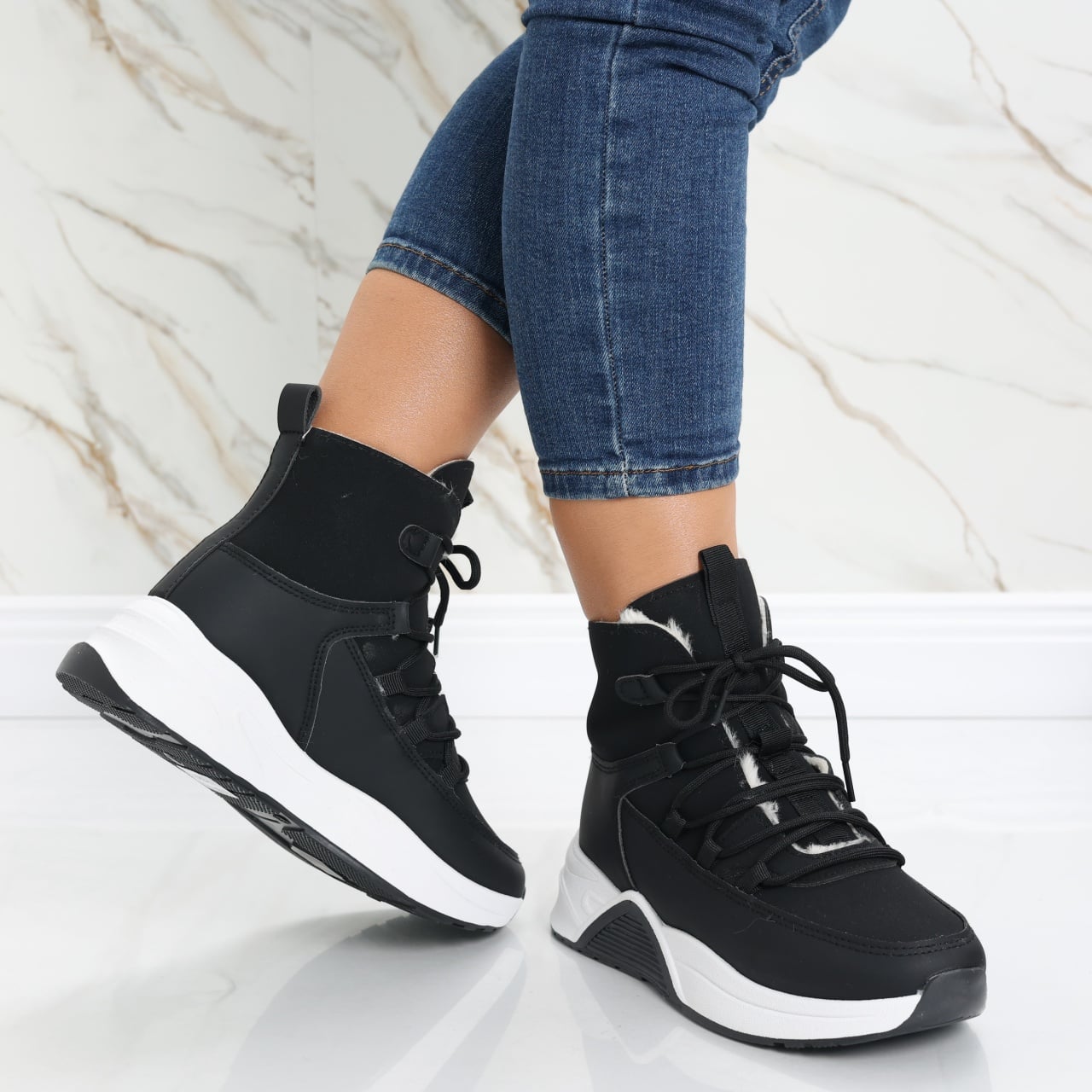 Sneakers dama Imblaniti Negri din Piele Eco,Piele Eco Intoarsa Asiva - poza 5