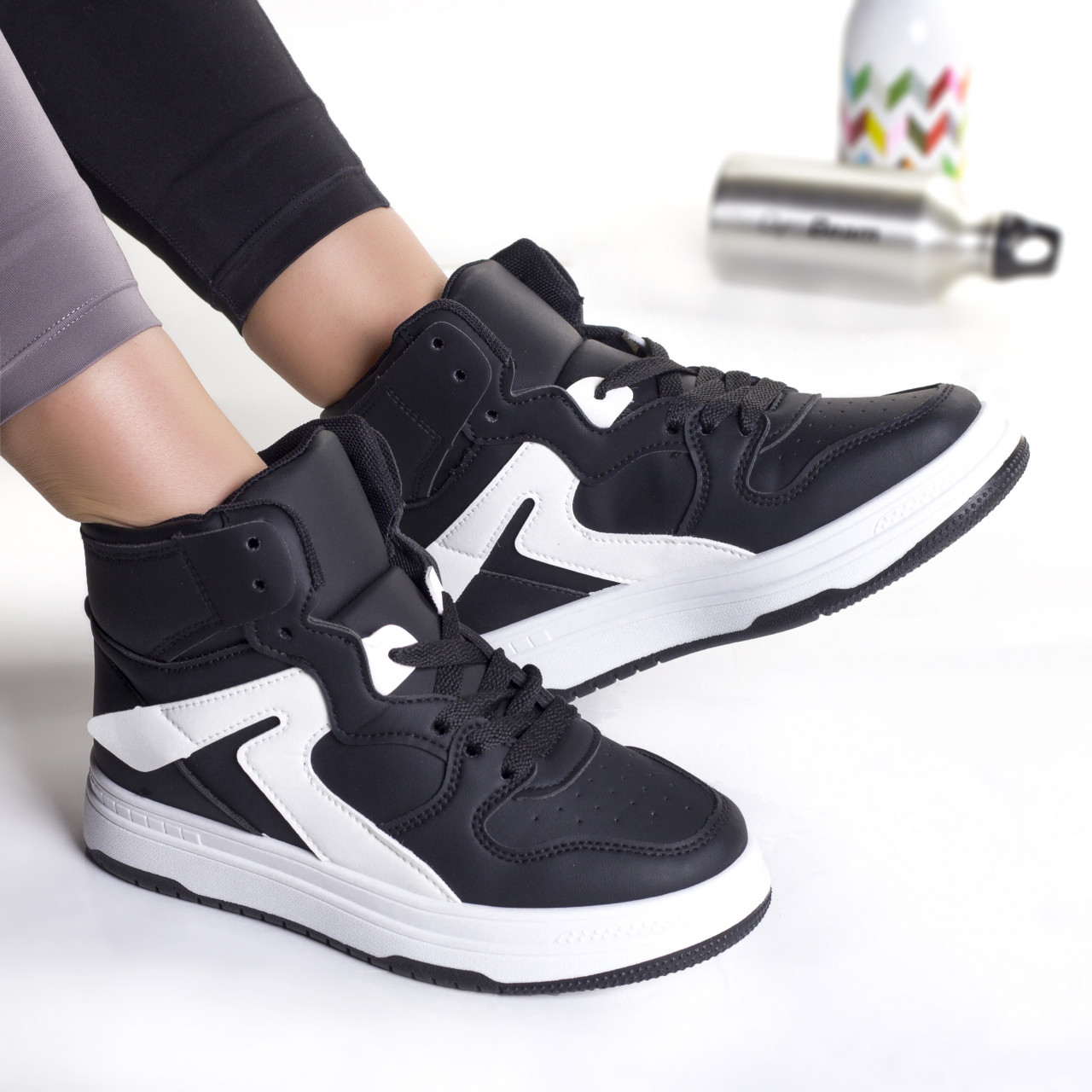 Sneakers dama piele eco negru alb maram - poza 1