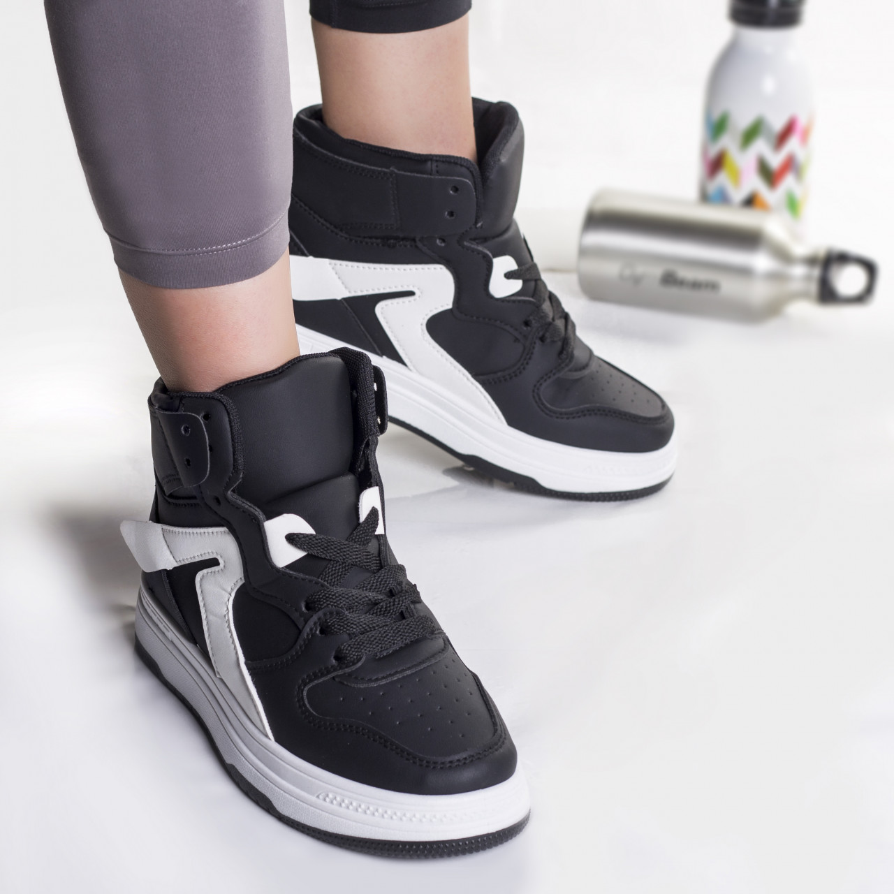 Sneakers dama piele eco negru alb maram - poza 2