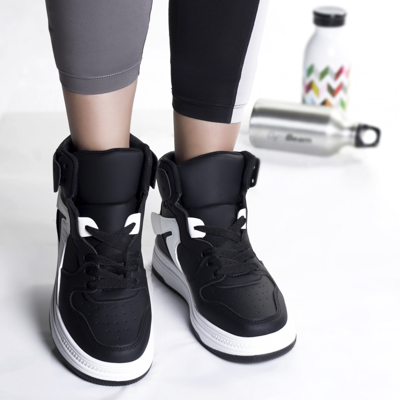 Sneakers dama piele eco negru alb maram - poza 3