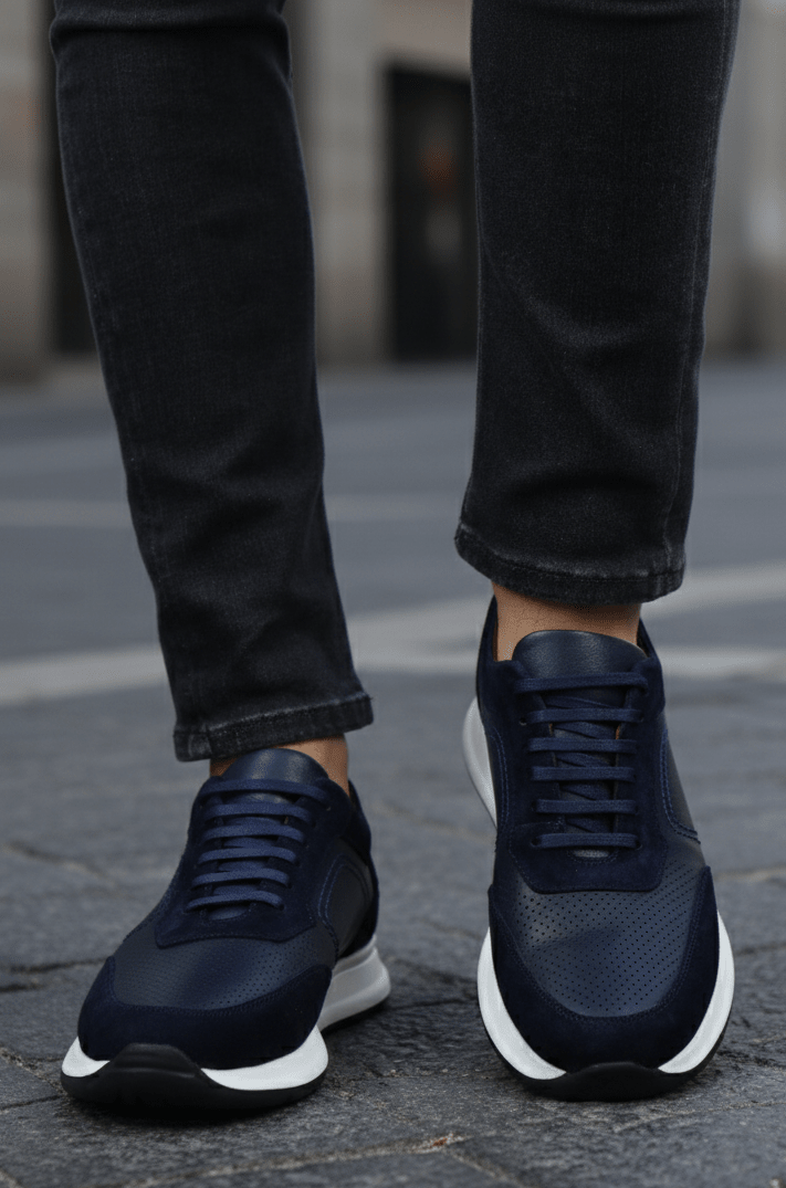 Sneakers din Piele Albastri cu Siret - VERN BLU