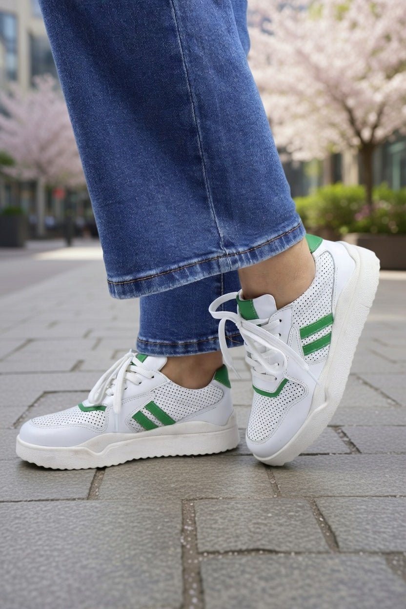 Sneakers din Piele Albi cu Verde - PESTY WHITE