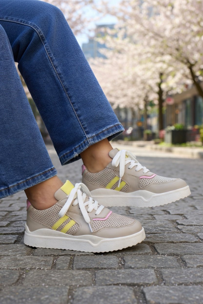 Sneakers din Piele Gri cu Galben - PESTY TAUPE