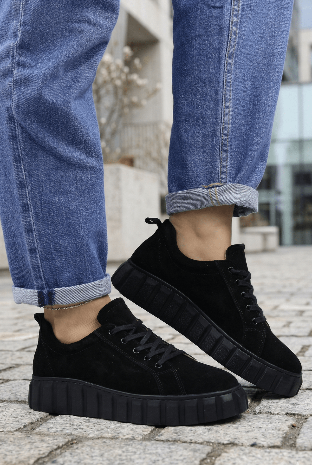 Sneakers din Piele Intoarsa cu Siret - TORE BLACK