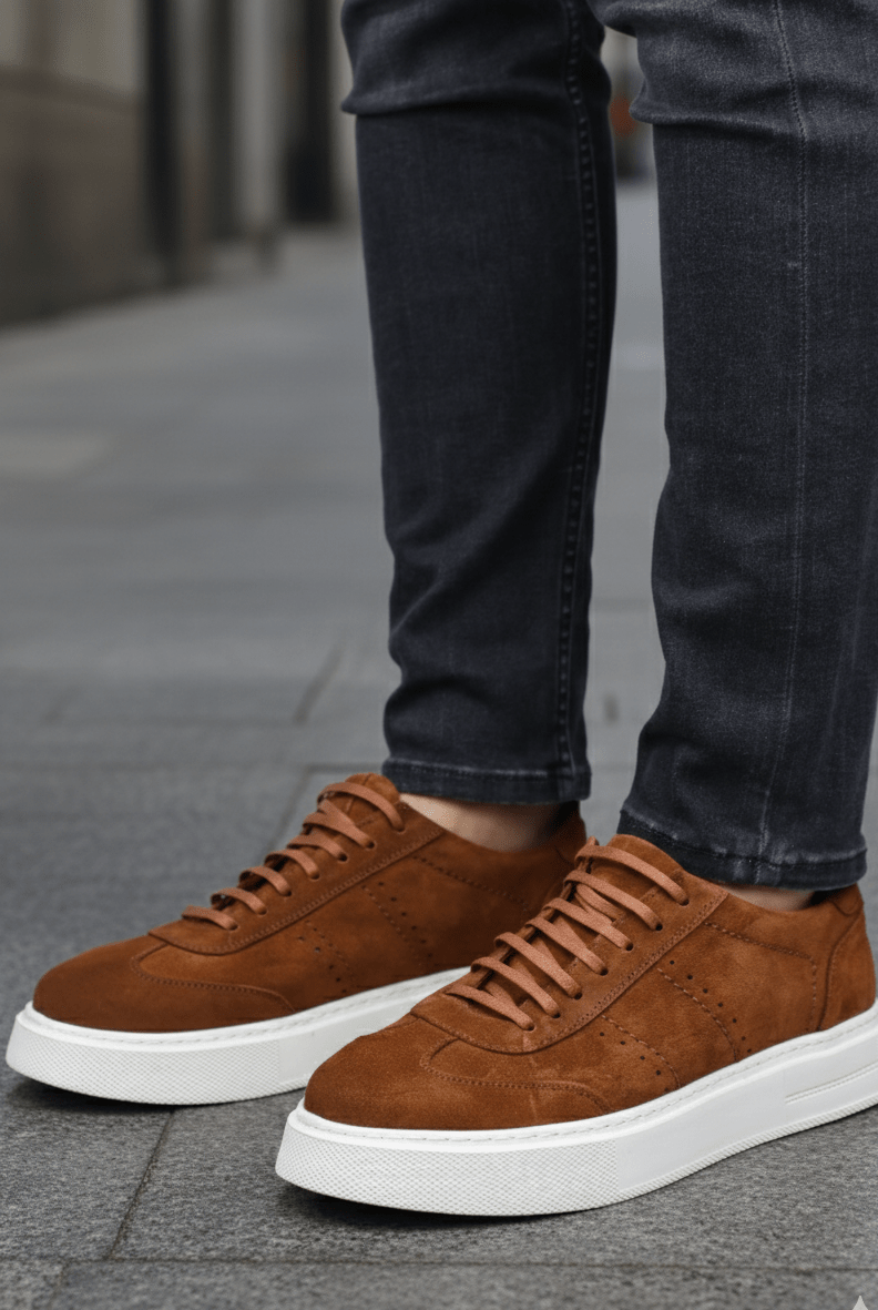 Sneakers din Piele Intoarsa Maro cu Decor - OVY CAMEL