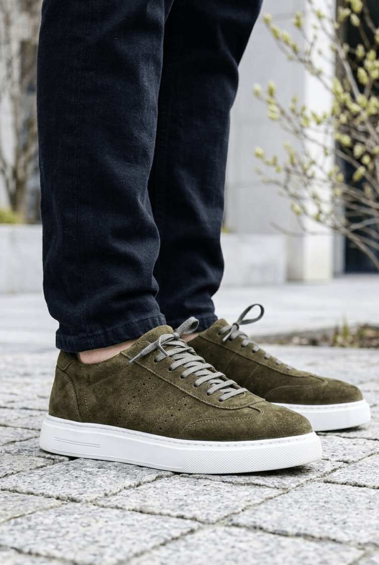 Sneakers din Piele Intoarsa Verde cu Decor - OVY GREEN
