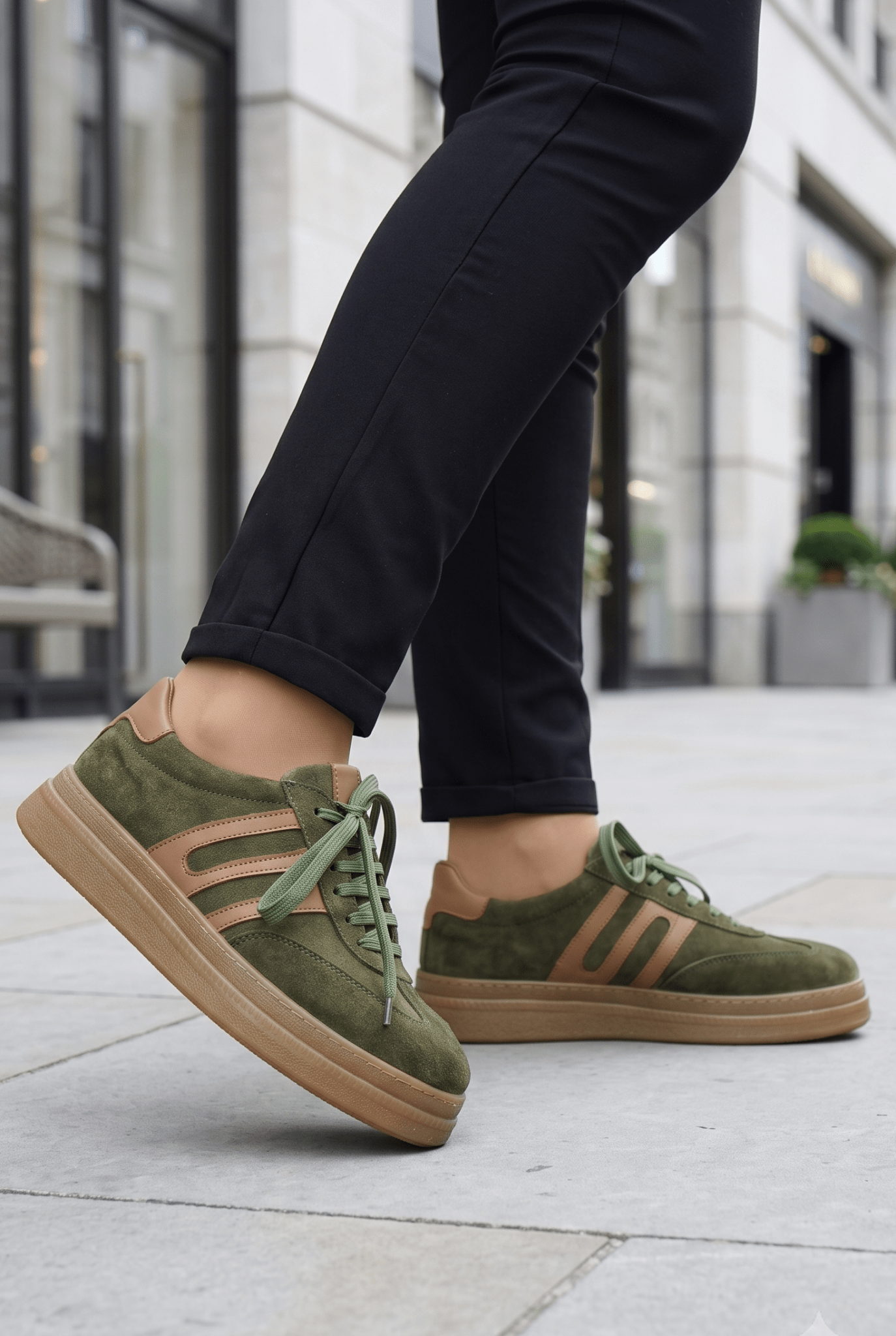 Sneakers din Piele Intoarsa VERDE - GEZ OLIVE