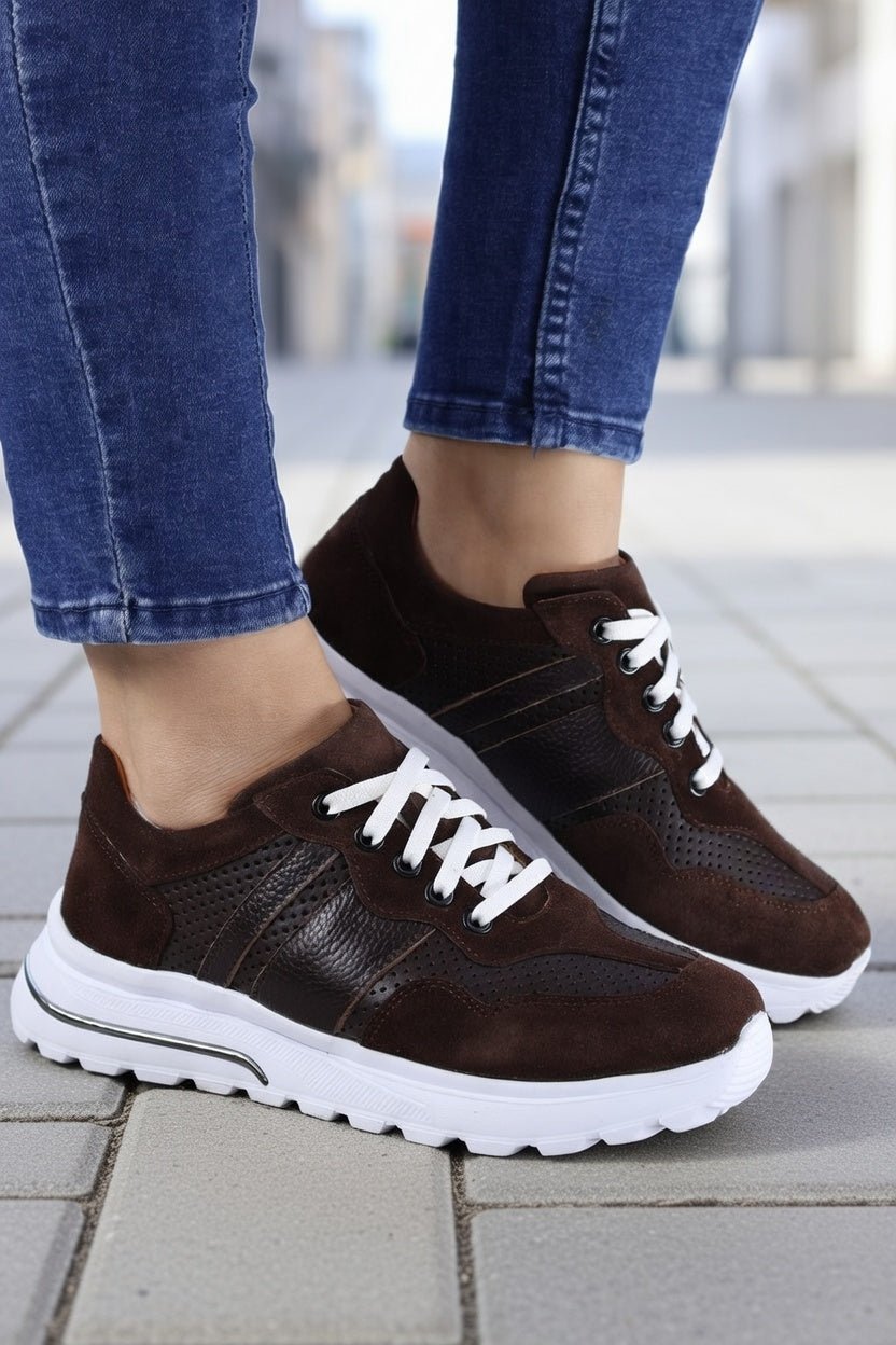 Sneakers din Piele Maro cu Siret - SUET BROWN