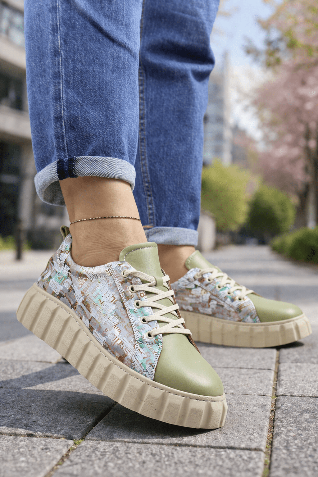 Sneakers din Piele Print cu Siret - TORE OLIVE