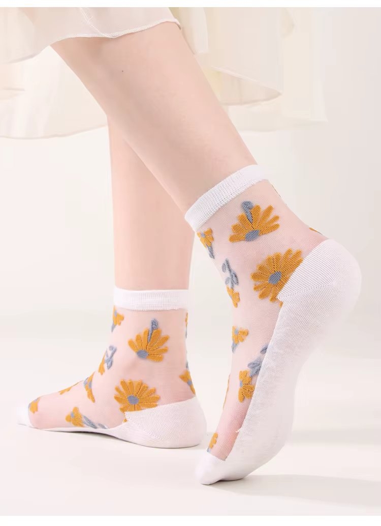 Sosete de dama, SS201, model flori, Alb, marime universala (35-39) - poza 2