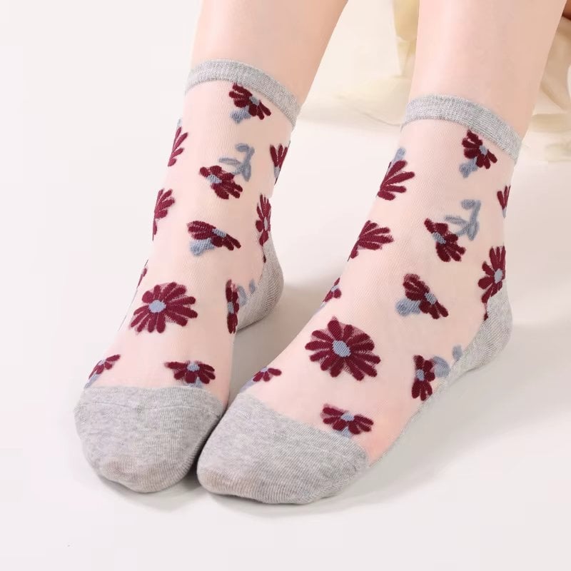Sosete de dama, SS202, model flori, Gri, marime universala (35-39) - poza 1