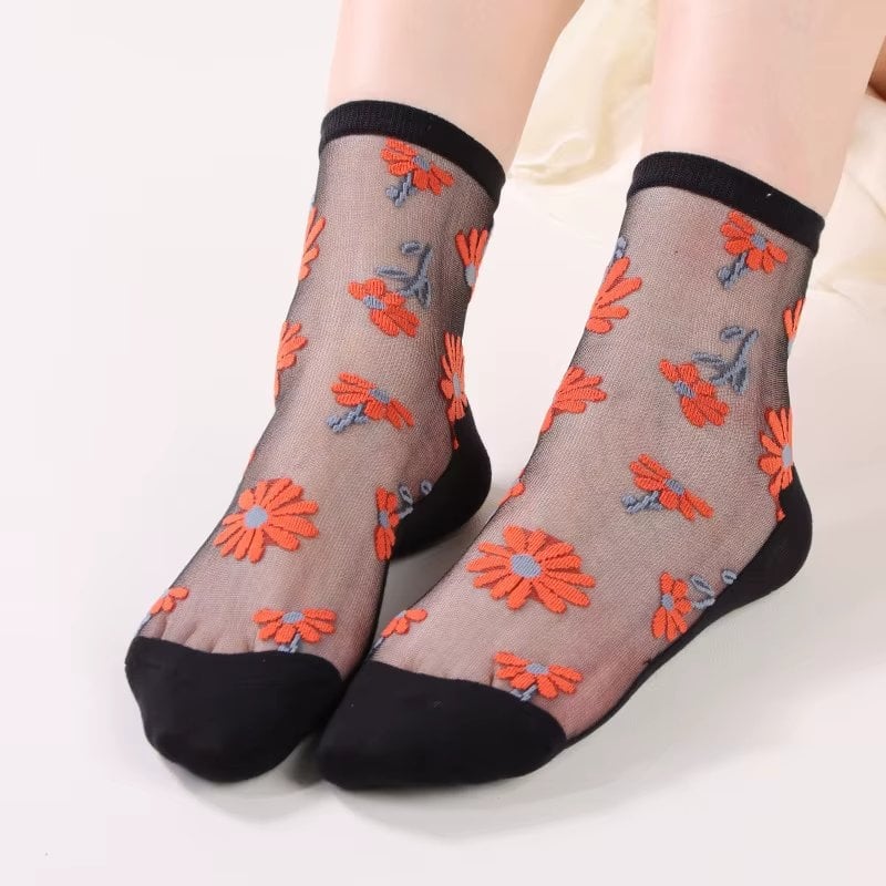 Sosete de dama, SS204, model flori, Negru, marime universala (35-39) - poza 1