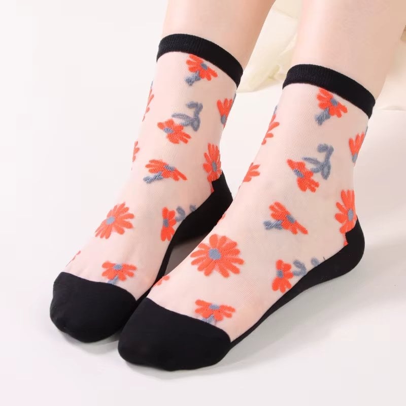 Sosete de dama, SS205, model flori, Alb/Negru, marime universala (35-39) - poza 1