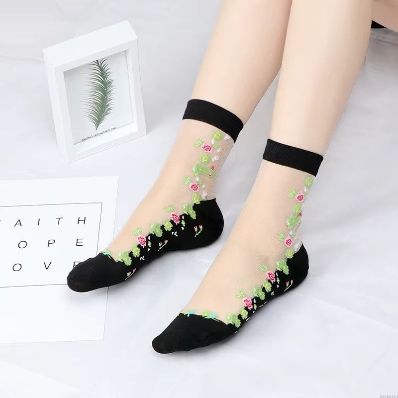 Sosete pentru dama, SS152, model flori, Alb/Negru, marime universala (35-39)