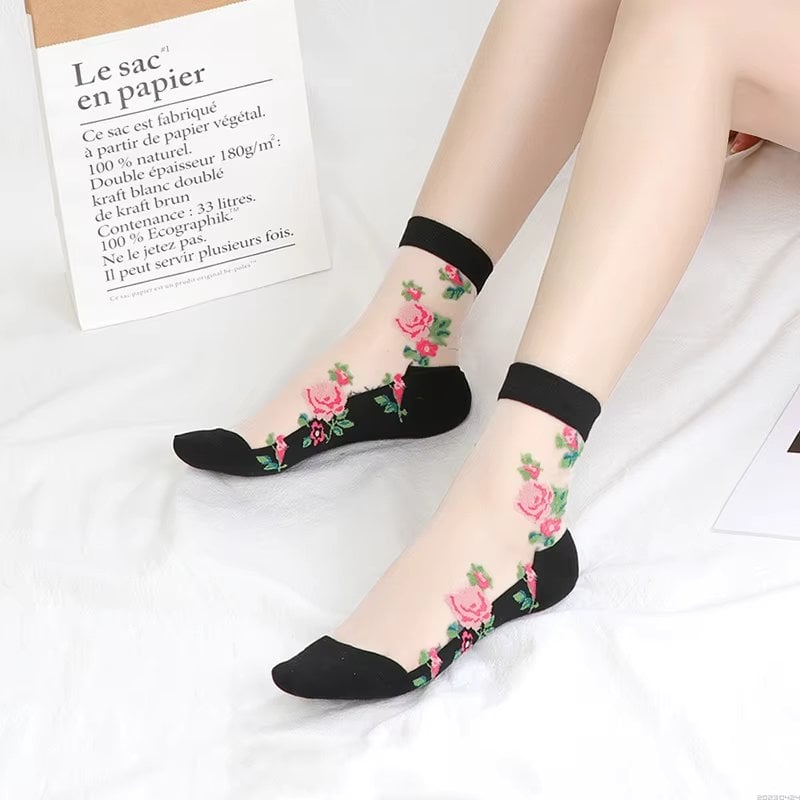 Sosete pentru dama, SS154, model flori, Alb/Negru, marime universala (35-39) - poza 1
