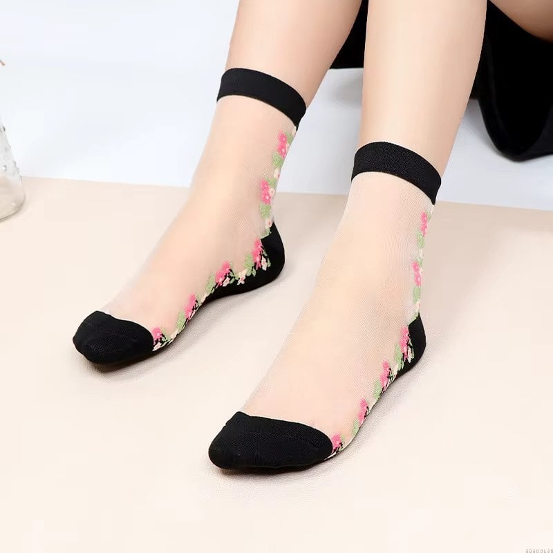 Sosete pentru dama, SS164, model flori, Alb/Negru, marime universala (35-39)
