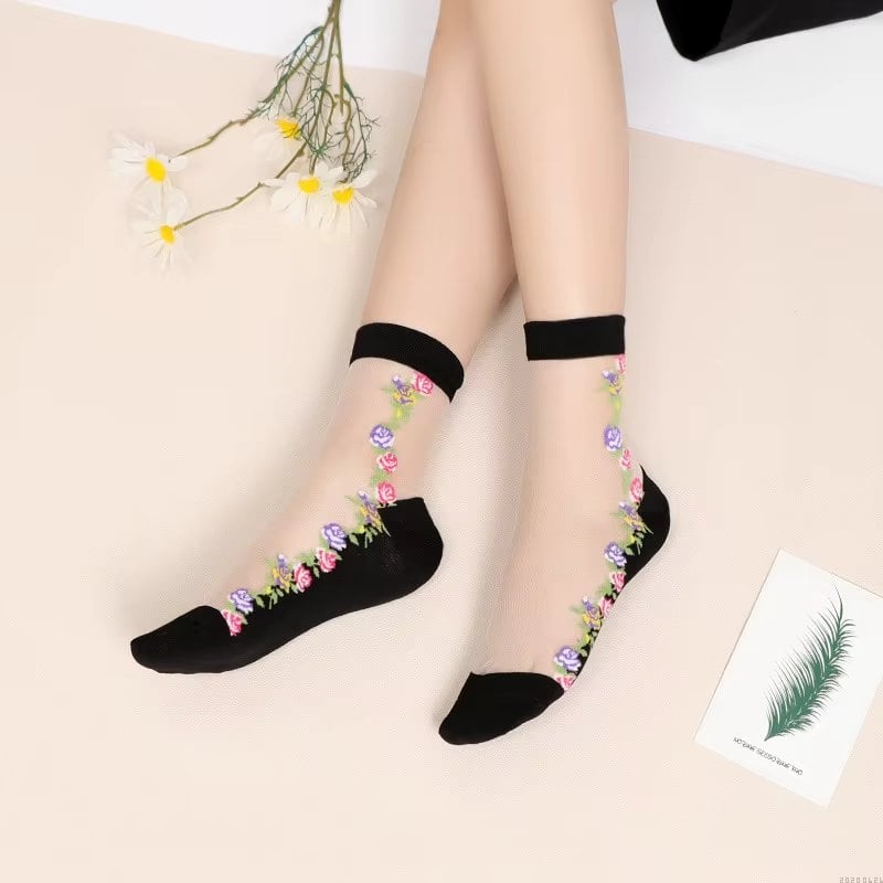 Sosete pentru dama, SS170, model flori, Alb/Negru, marime universala (35-39)
