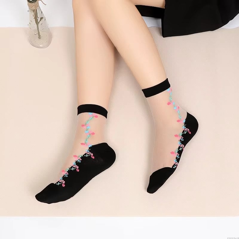Sosete pentru dama, SS174, model flori, Alb/Negru, marime universala (35-39)