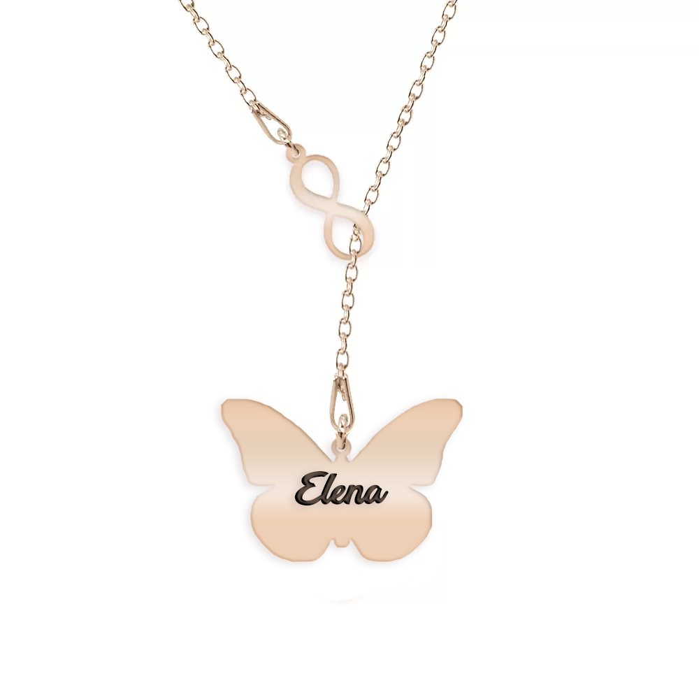 Spangle - Colier personalizat asimetric cu infinit si fluturas din argint 925 placat cu aur roz