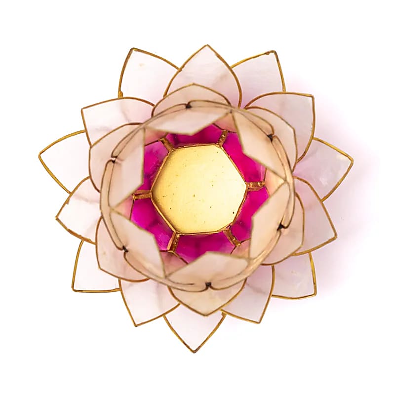 Suport lumanare alb roz natural floare lotus din Philippine cu cochilii Capiz Large