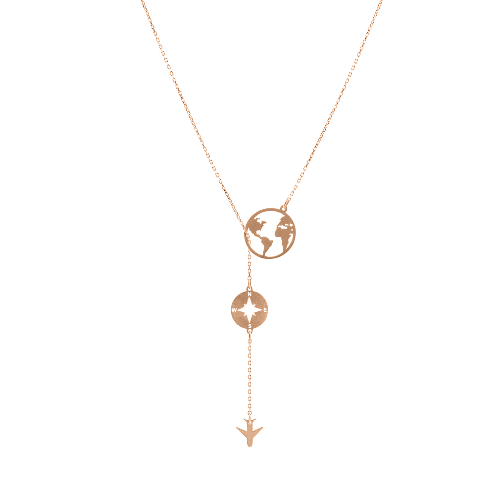 Travel - Colier personalizat busola si avion din argint 925 placat cu aur roz