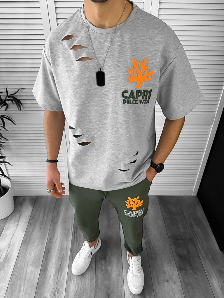 Trening barbati gri/kaki pantaloni + tricou oversize 13029 O4-1.2