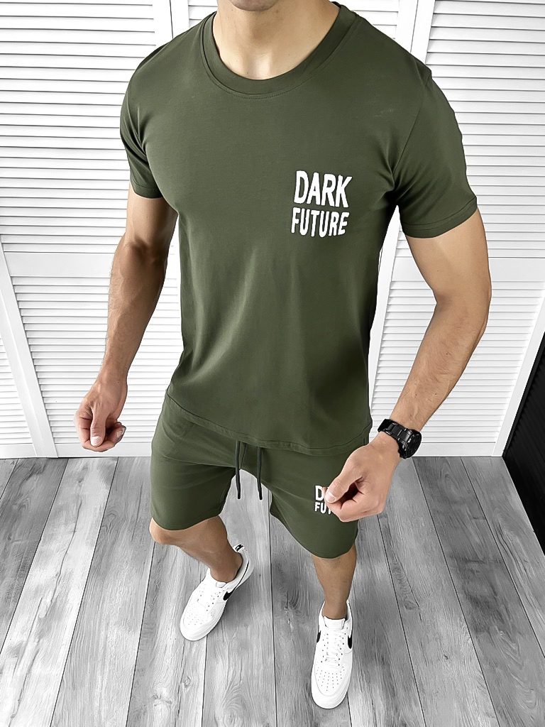 Trening barbati kaki pantaloni + tricou 11699 D3-3.4