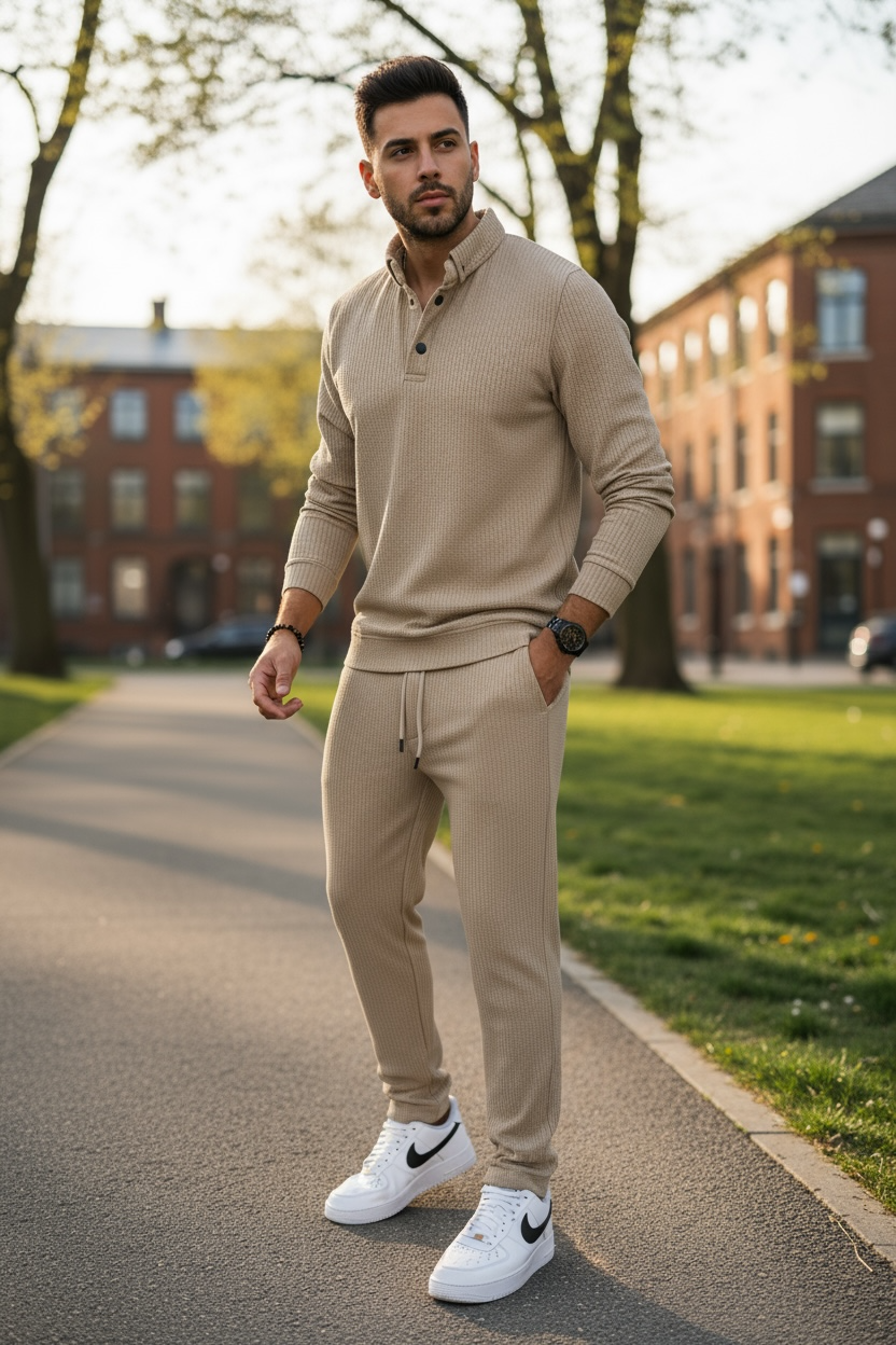 Trening barbati slim fit bej Pantaloni + Bluza C200 N6-4