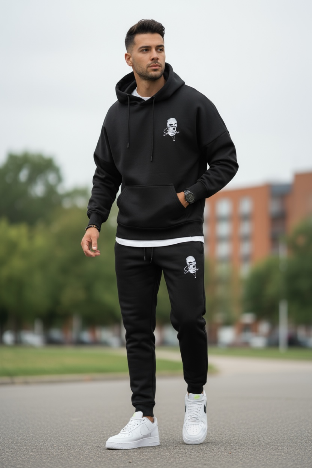Trening barbati slim fit negru Pantaloni + Hanorac vatuit RM58 39-5