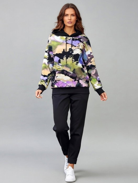 Trening dama cu hanorac imprimat cu ilustratie fashion si pantaloni jogger , negru