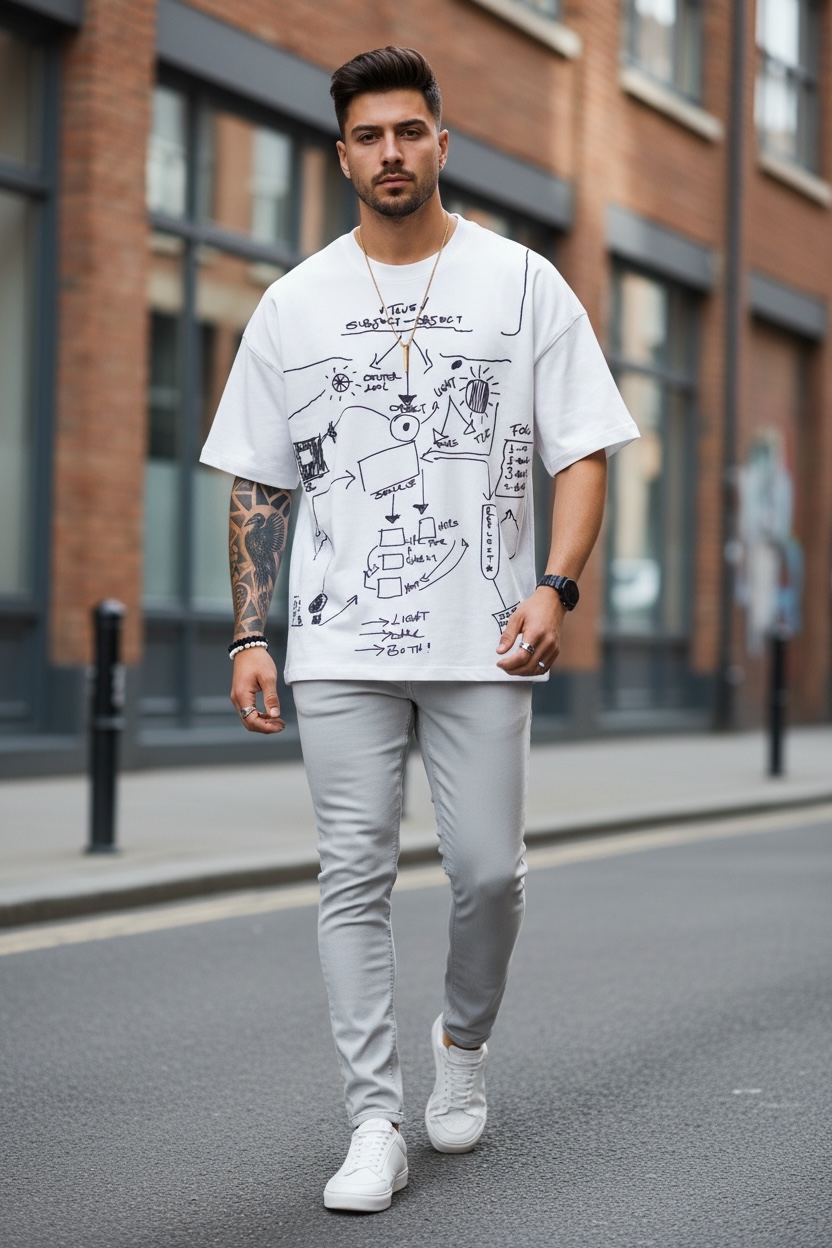 Tricou barbati alb cu imprimeu oversize Y181 20-3.2