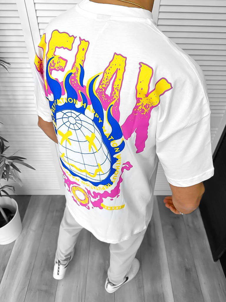 Tricou barbati alb cu imprimeu pe spate oversize Y325 O3-4.2
