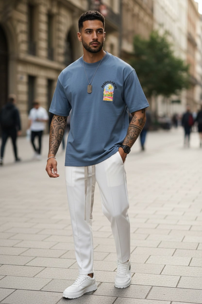 Tricou barbati albastru cu imprimeu oversize 1858 D3-1.3