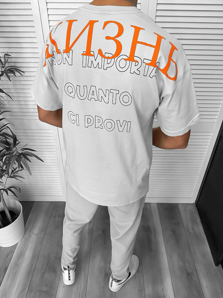 Tricou barbati gri cu imprimeu pe spate oversize Y029 O3-5.3