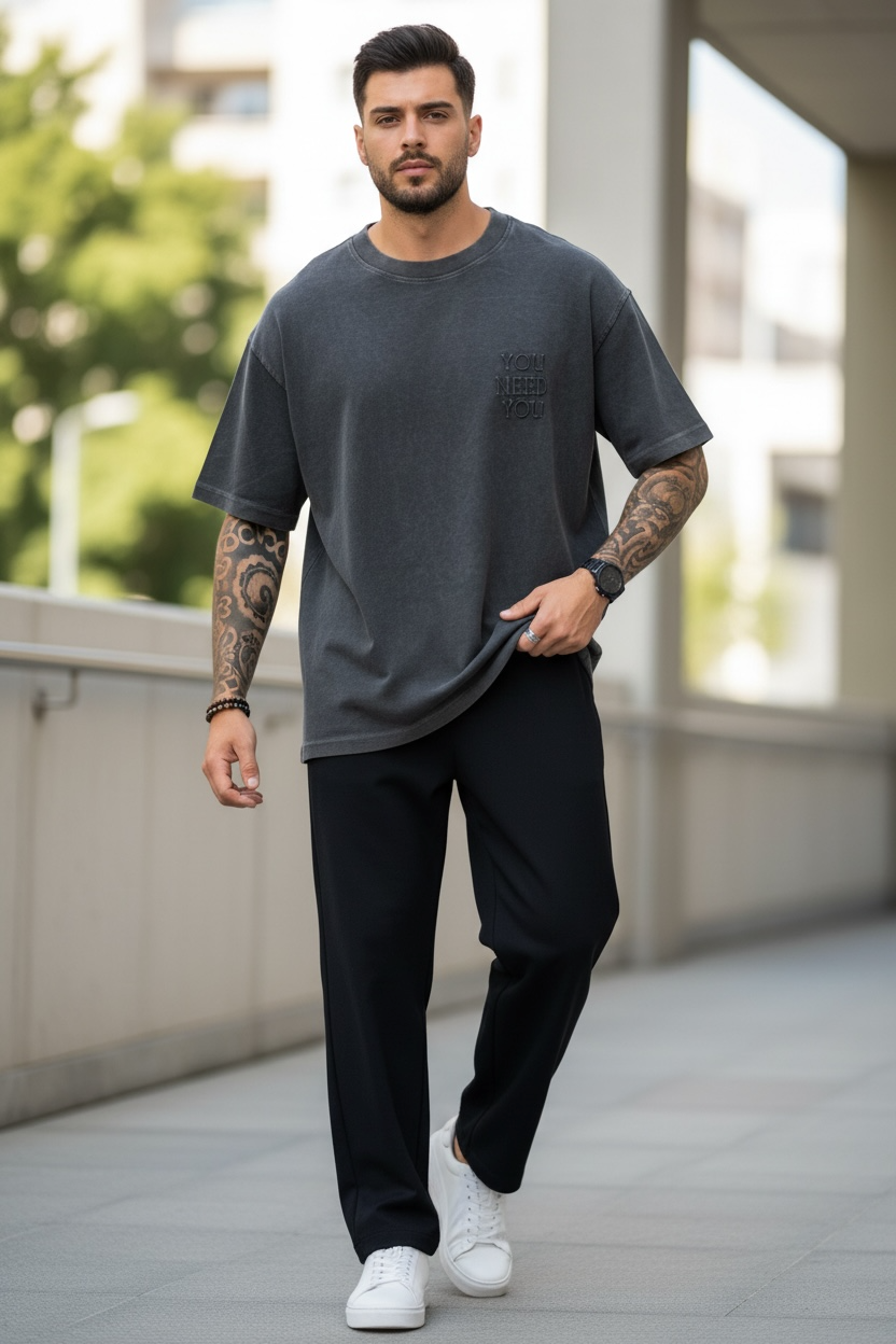 Tricou barbati gri oversize premium Y007 11-6.2