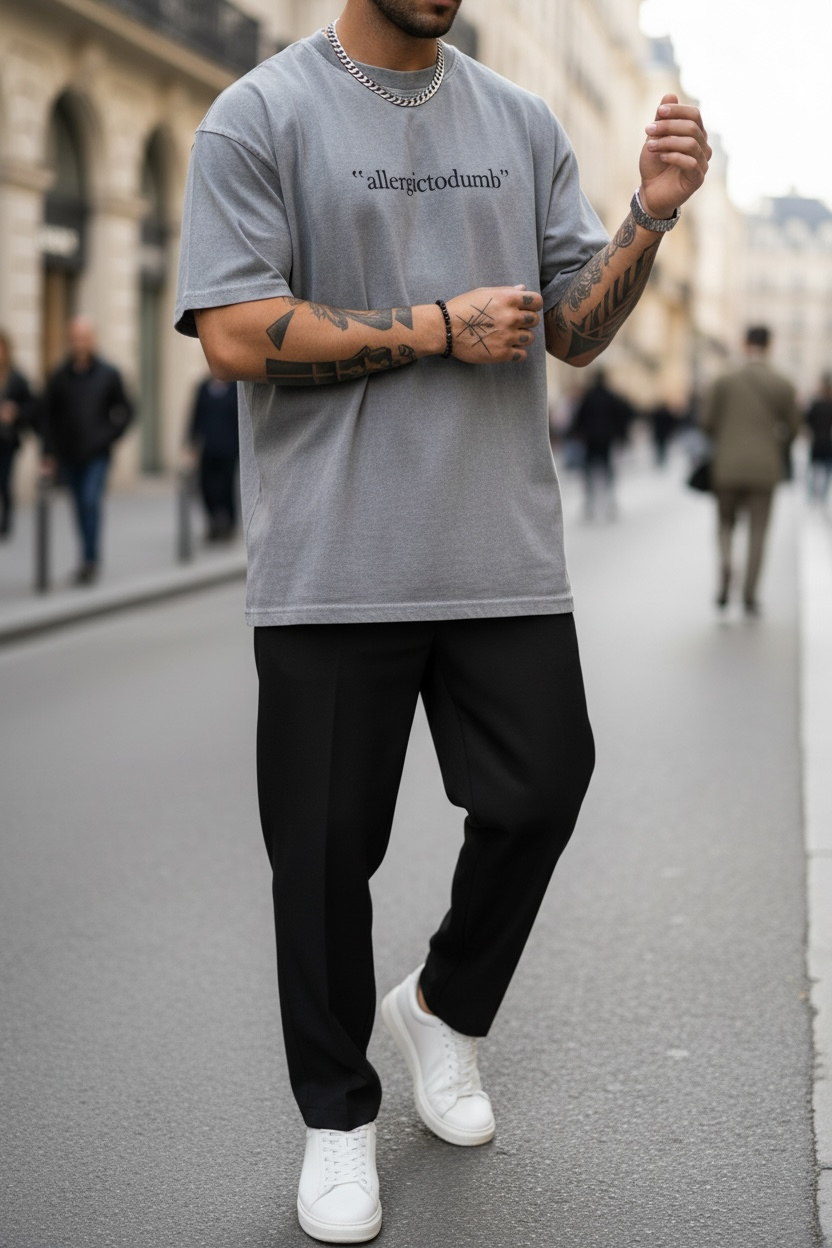 Tricou barbati gri oversize premium Y110 11-4.1