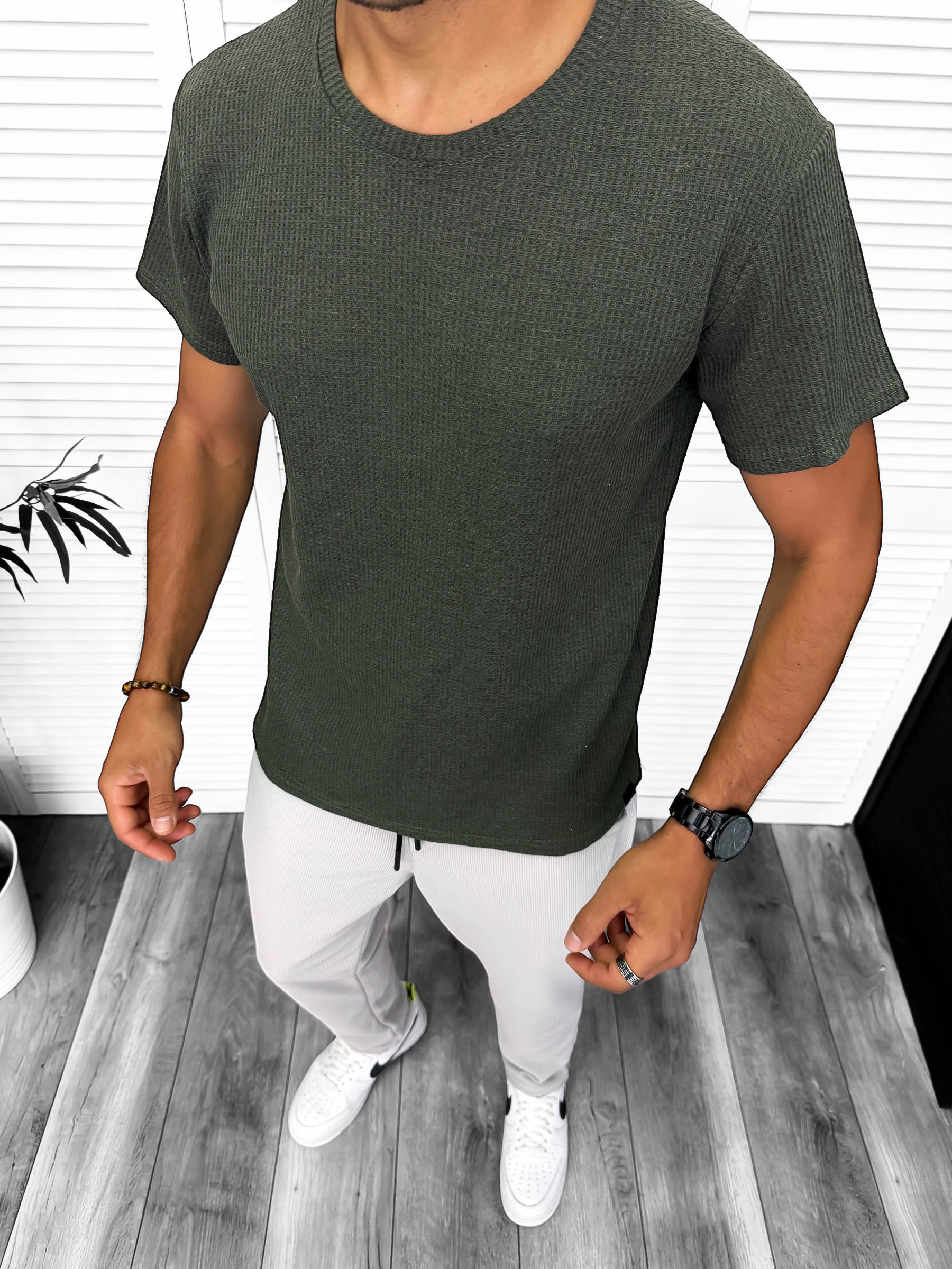 Tricou barbati kaki slim fit 13318