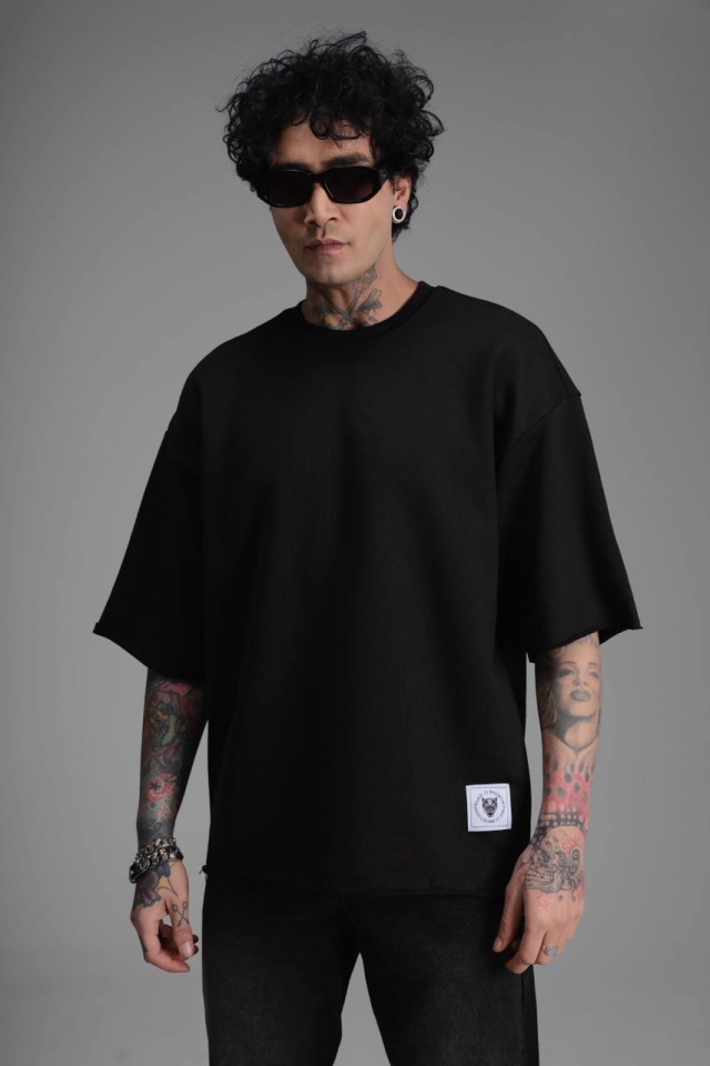 TRICOU BARBATI OVERSIZED BLACK RAW EDGE STREETWEAR (MĂRIME: S)