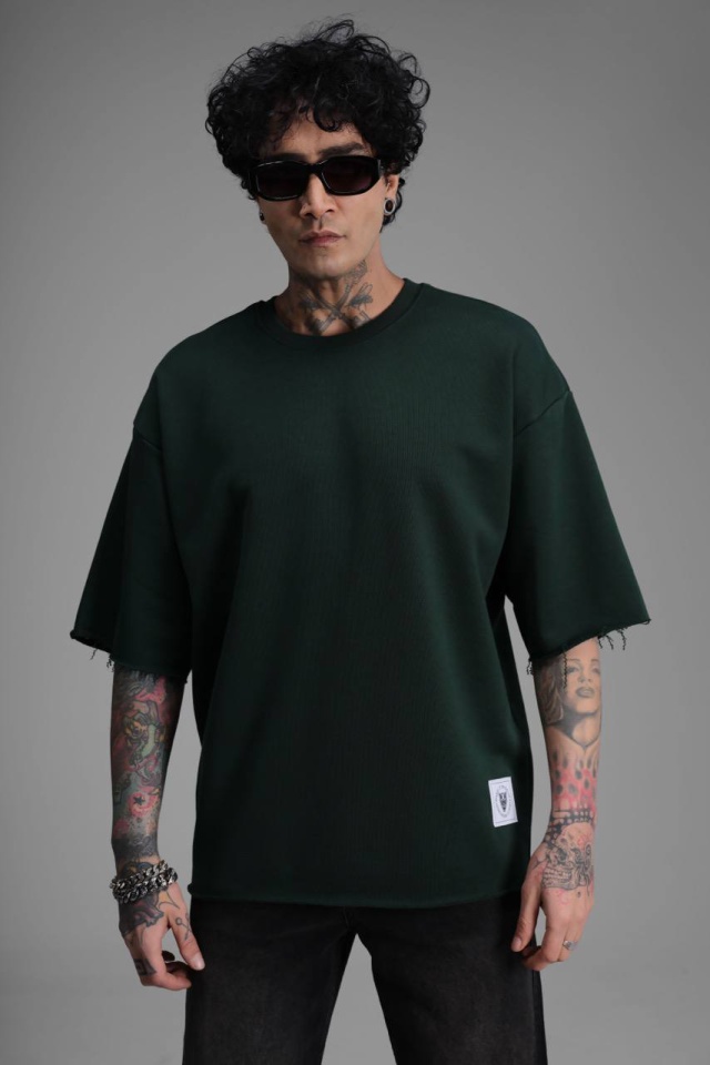 TRICOU BARBATI OVERSIZED DARK-GREEN RAW EDGE STREETWEAR (MĂRIME: M)
