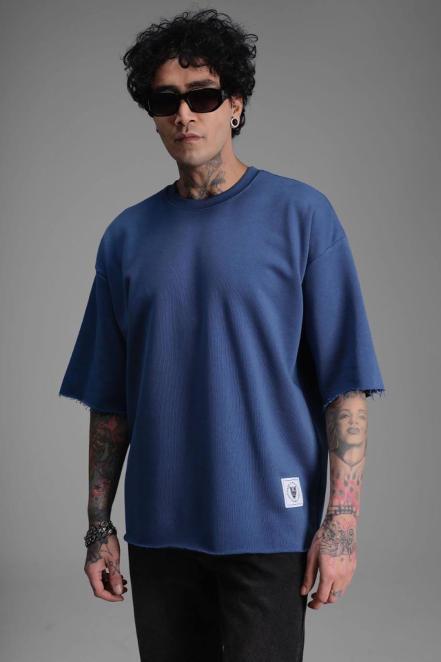 TRICOU BARBATI OVERSIZED INDIGO-BLUE RAW EDGE STREETWEAR (MĂRIME: S)