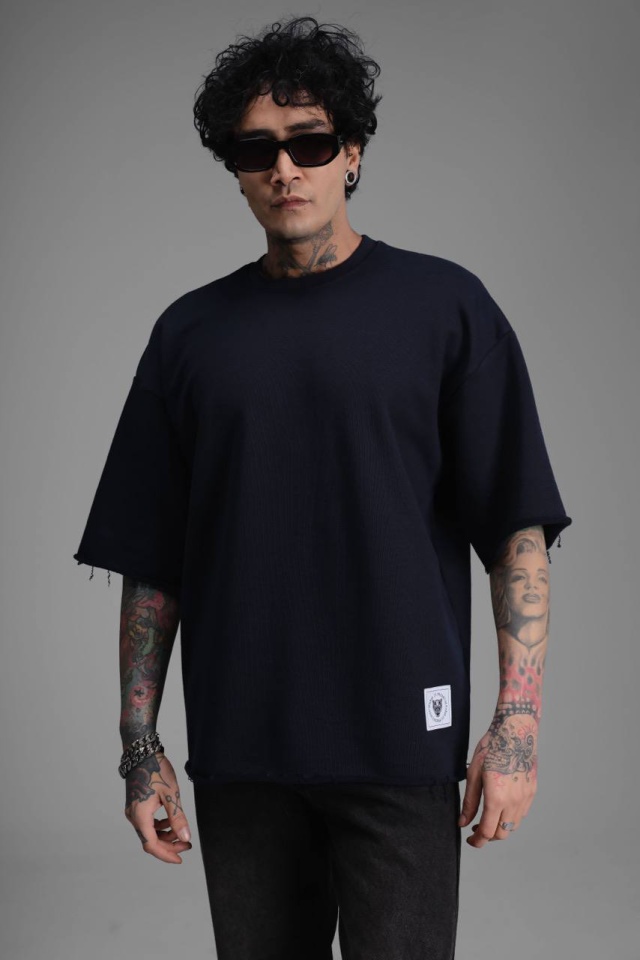 TRICOU BARBATI OVERSIZED NAVY-BLUE RAW EDGE STREETWEAR (MĂRIME: L)