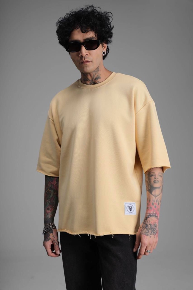 TRICOU BARBATI OVERSIZED YELLOW-BEIGE RAW EDGE STREETWEAR (MĂRIME: L)