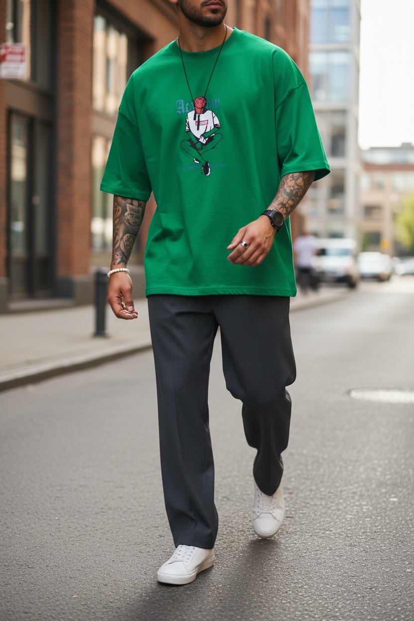 Tricou barbati verde cu imprimeu pe spate oversize 11825 P19-6.2