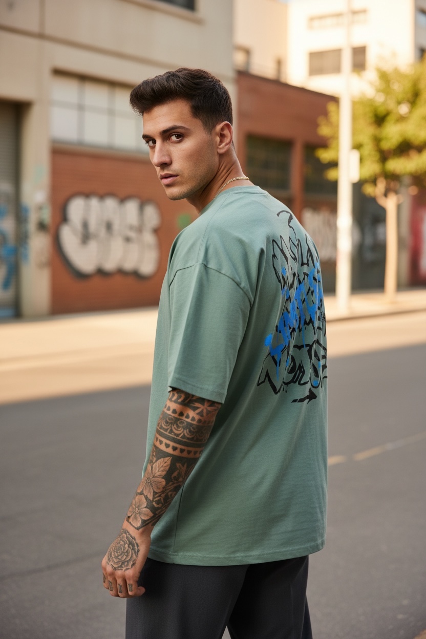 Tricou barbati vernil cu imprimeu pe spate oversize 11814 D3-4.1