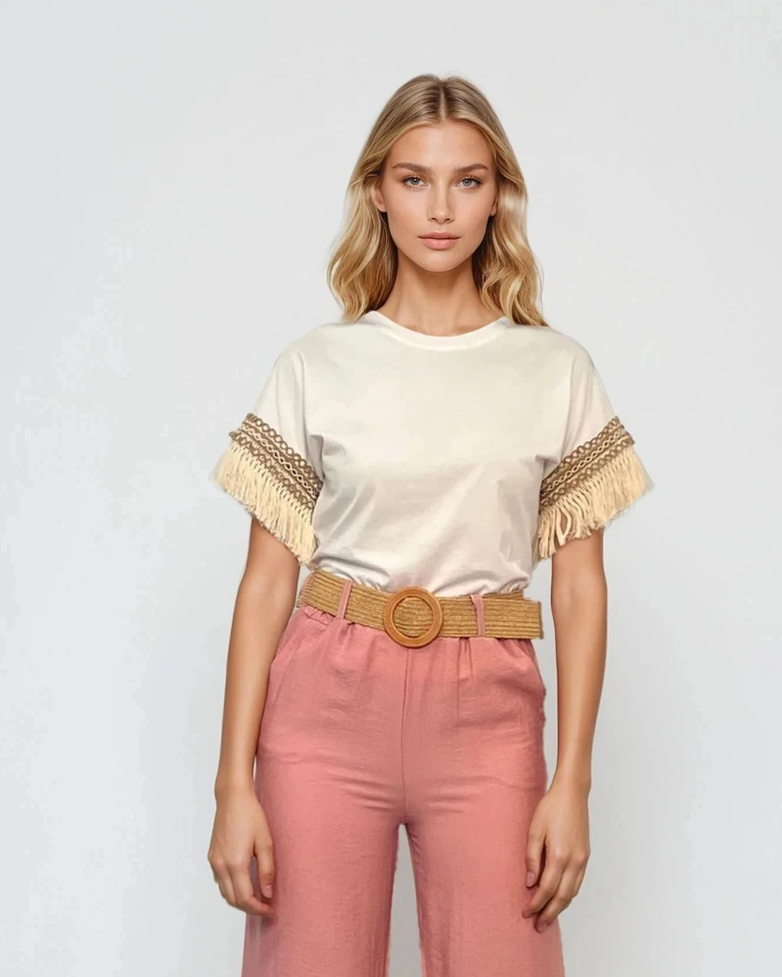 Tricou cu franjuri la mânecă alb - Unica S-L