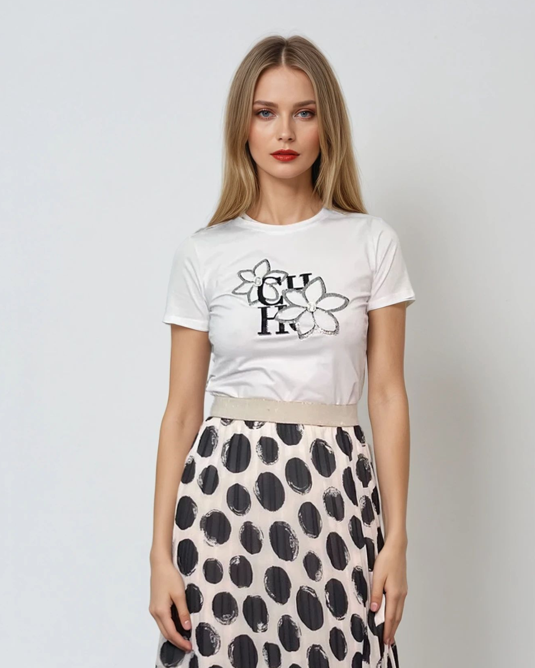 Tricou cu imprimeu floral cu paiete alb - L/XL