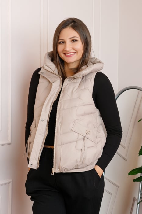 Vesta dama Megan cu gluga detasabila si elastic in talie - Bej