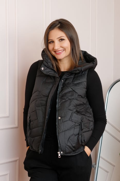Vesta dama Megan cu gluga detasabila si elastic in talie - Negru
