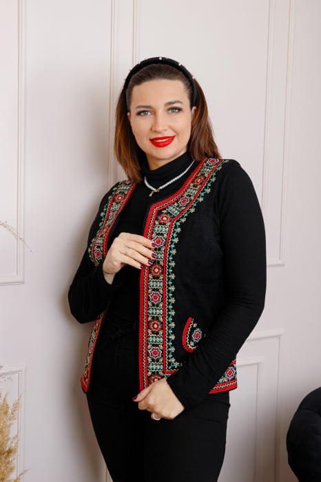 Vesta traditionala neagra cu broderie florala multicolora Emanuela 02